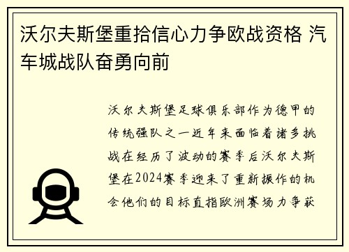 沃尔夫斯堡重拾信心力争欧战资格 汽车城战队奋勇向前