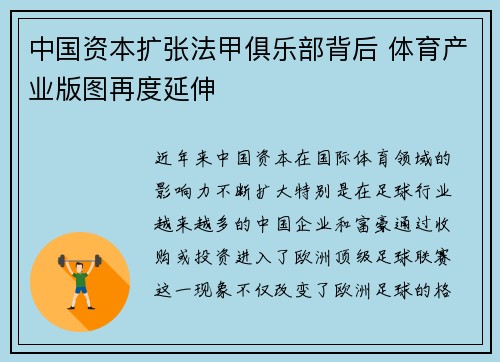 中国资本扩张法甲俱乐部背后 体育产业版图再度延伸