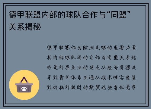 德甲联盟内部的球队合作与“同盟”关系揭秘